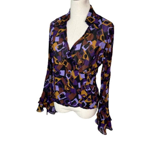 Le Caviar Tops - Le Caviar M Medium Top Shirt Blouse Purple Brown Geometric